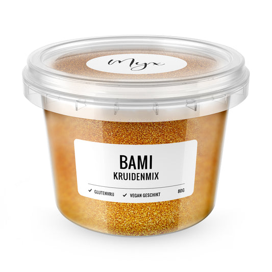 Myx Kruidenmix bami gluten-free seasoning blend in an 80g package, ideal for flavorful Asian noodle dishes.