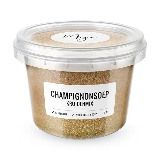 Myx Kruidenmix champignonsoep glutenvrij in 80g package, herbal seasoning and meal mix for mushroom soup.