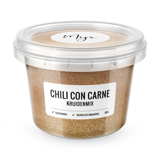 Myx Kruidenmix chili con carne glutenvrij in 80g packet, seasoning blend with herbs and spices for flavorful gluten-free chili