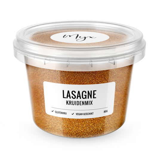 Myx Kruidenmix lasagne glutenvrij, 80g, herbal seasoning blend for gluten-free lasagna dishes with fresh herbs and spices.