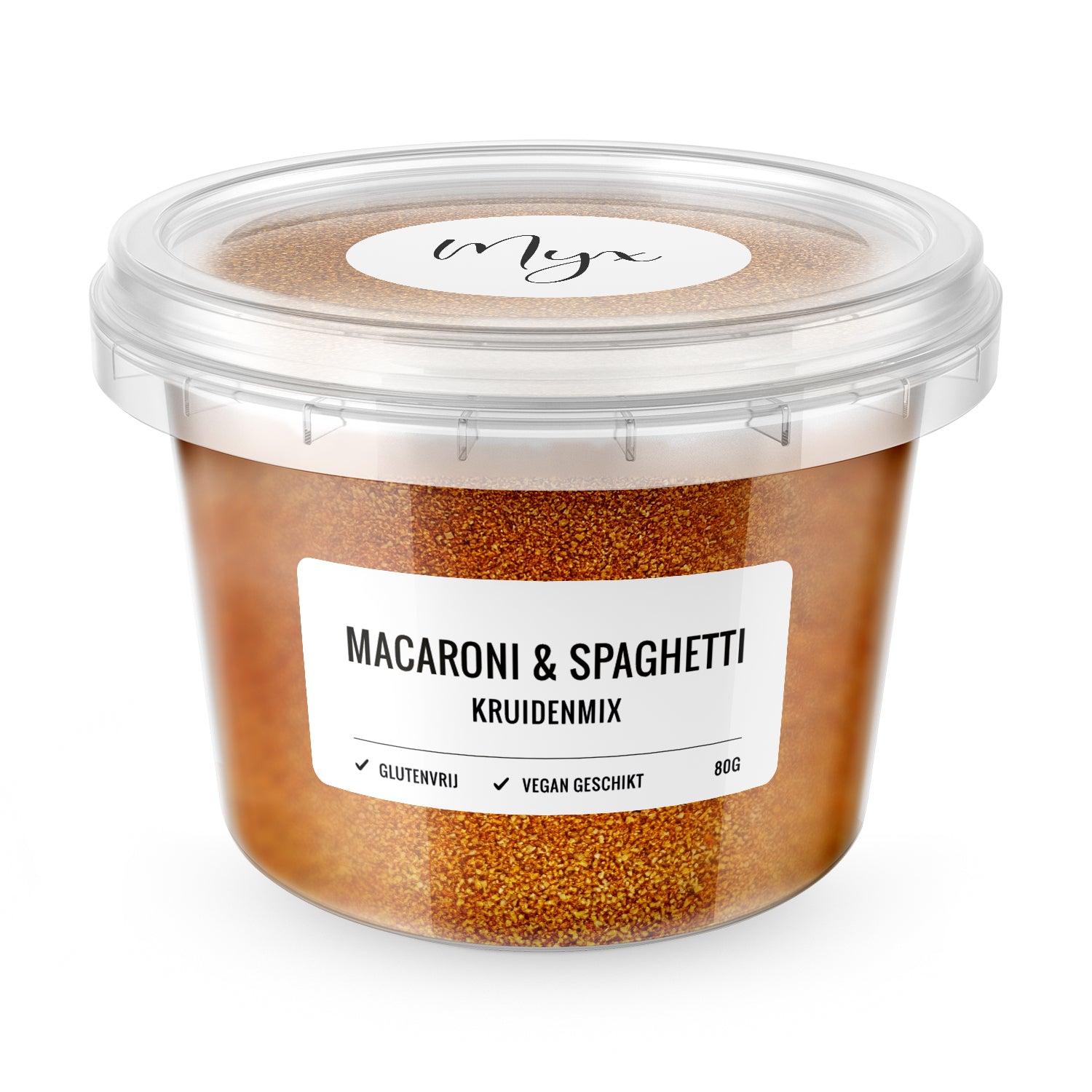 Myx Kruidenmix for macaroni spaghetti, gluten-free seasoning blend in 80g package, ideal for flavorful pasta dishes.
