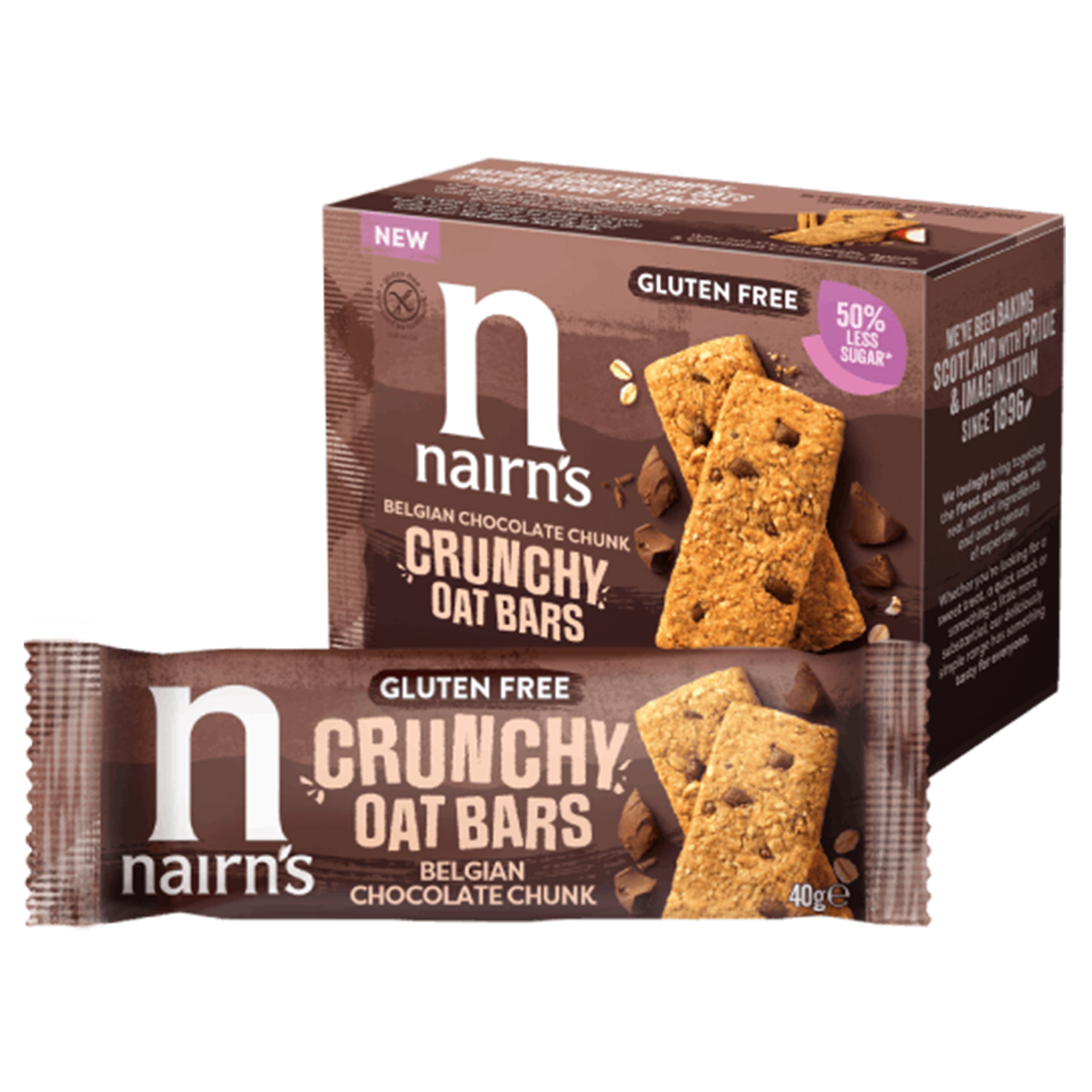 Nairns crunchy oat bars with Belgian chocolate, gluten-free, 160g, showing the chocolate-coated oat snack in a close-up image.