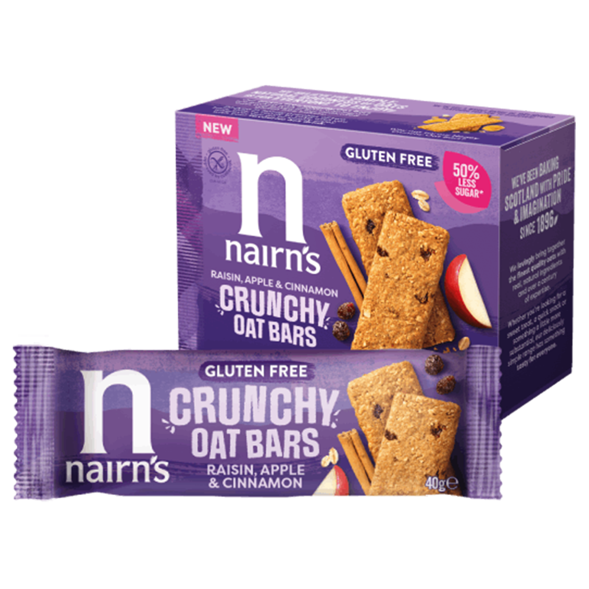 Nairns crunchy oat bars with raisins and apple, 160g, showing golden-brown koeken with visible raisins and apple pieces.