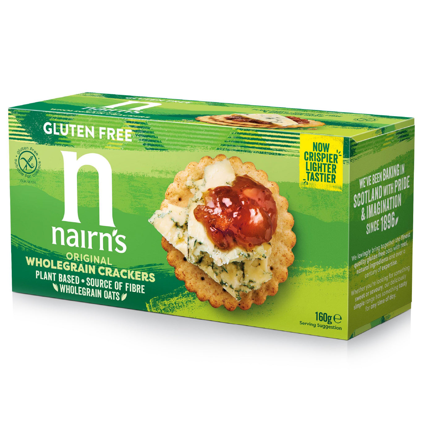 Nairns Volkoren crackers glutenvrij, 160g, showing crispy whole grain gluten-free crackers in a clear package.