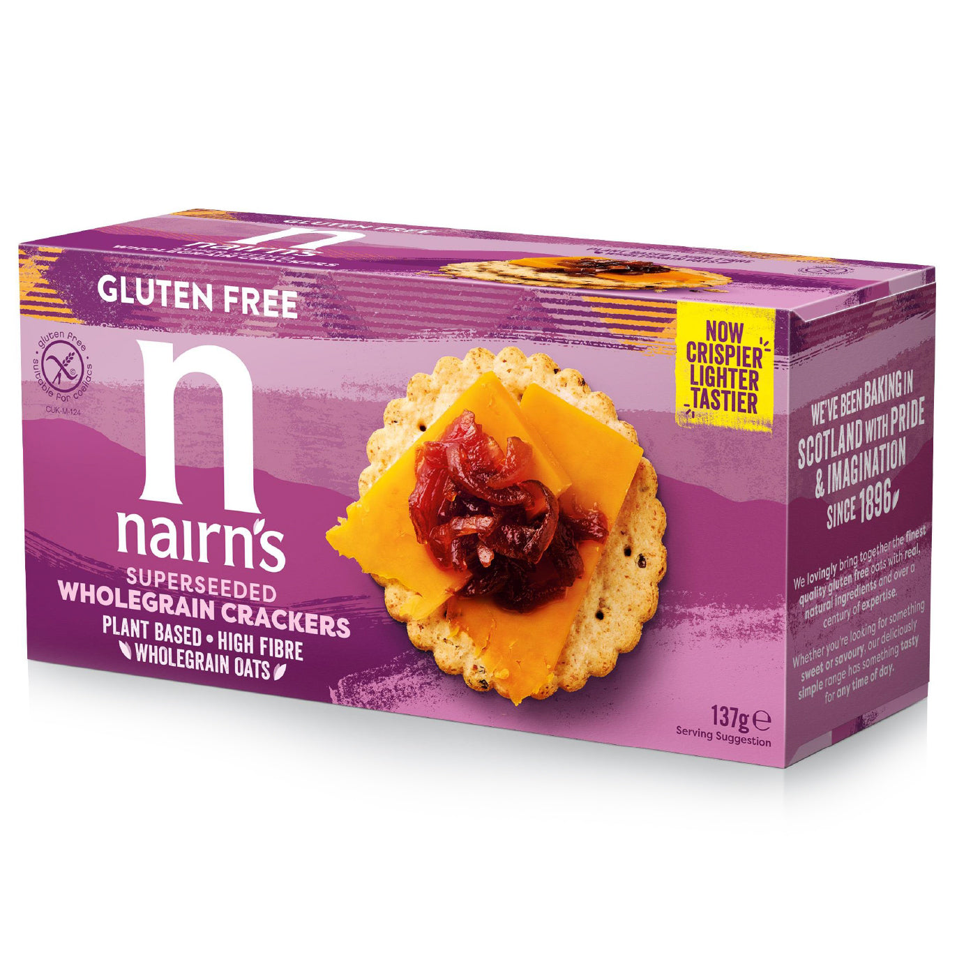 Nairns Volkoren crackers with seeds, gluten-free, 137g, showing a close-up of the seeded whole grain crackers.