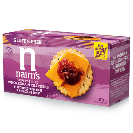 Nairns Volkoren crackers with seeds, gluten-free, 137g, showing a close-up of the seeded whole grain crackers.