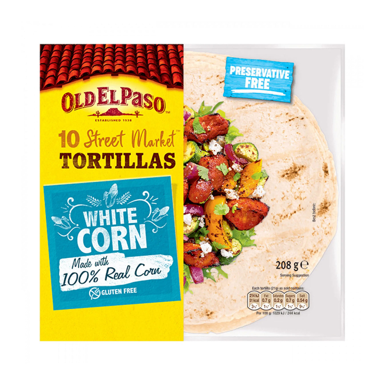 Old El Paso gluten-free mini tortillas for pizza and wraps, 208 grams, shown in the image.