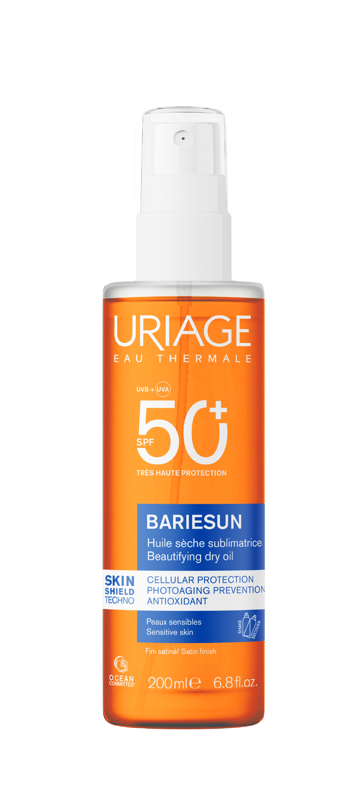 Uriage Bariesun Sublima Oil Spray SPF50+ 200ml sunspray bottle with golden cap and clear label, for sun protection.