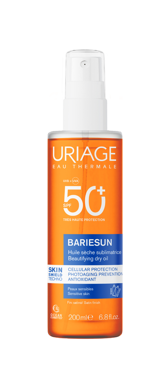 Uriage Bariesun Sublima Oil Spray SPF50+ 200ml sunspray bottle with golden cap and clear label, for sun protection.