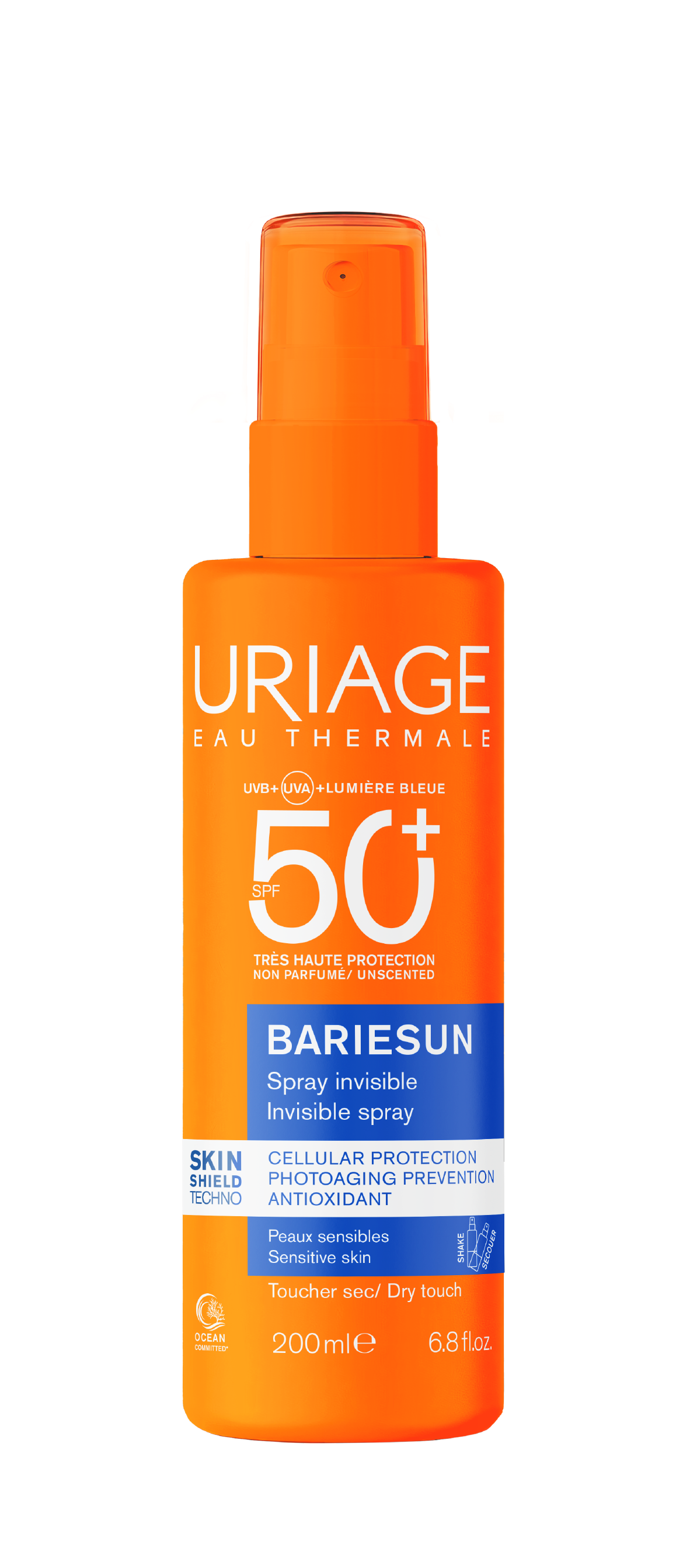 Uriage Bariesun SPF50 fragrance-free sunscreen spray in 200ml bottle, sun protection product from Uriage with a spray nozzle.
