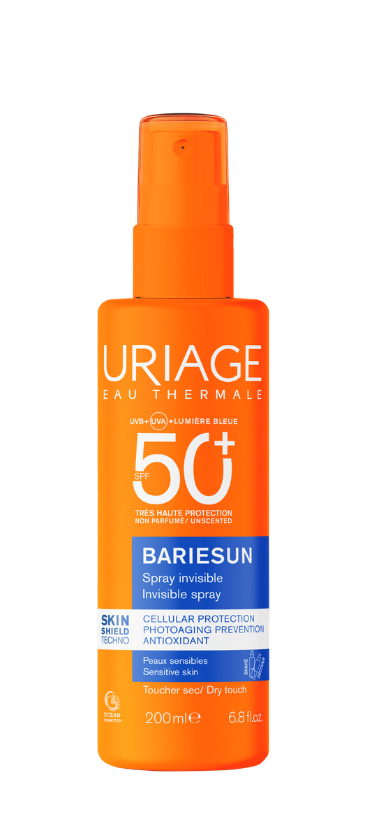 Uriage Bariesun SPF50 fragrance-free sunscreen spray in 200ml bottle, sun protection product from Uriage with a spray nozzle.