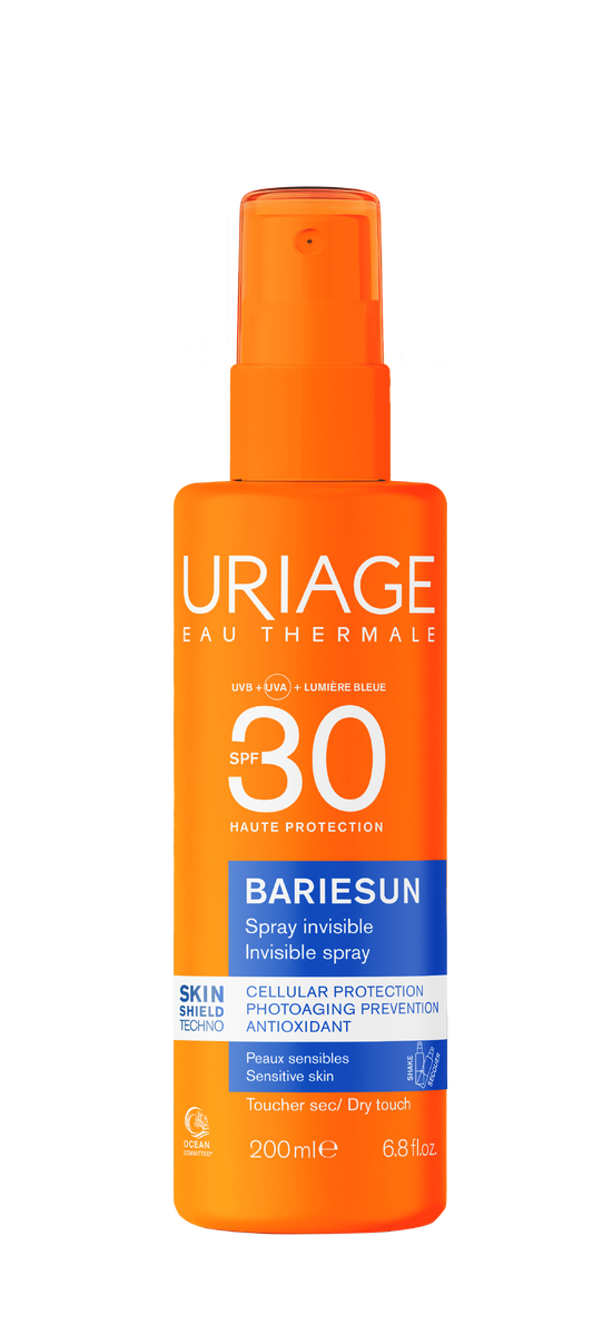 Uriage Bariesun SPF30 spray in a 200ml bottle, sun protection product for skin, shown in the image.
