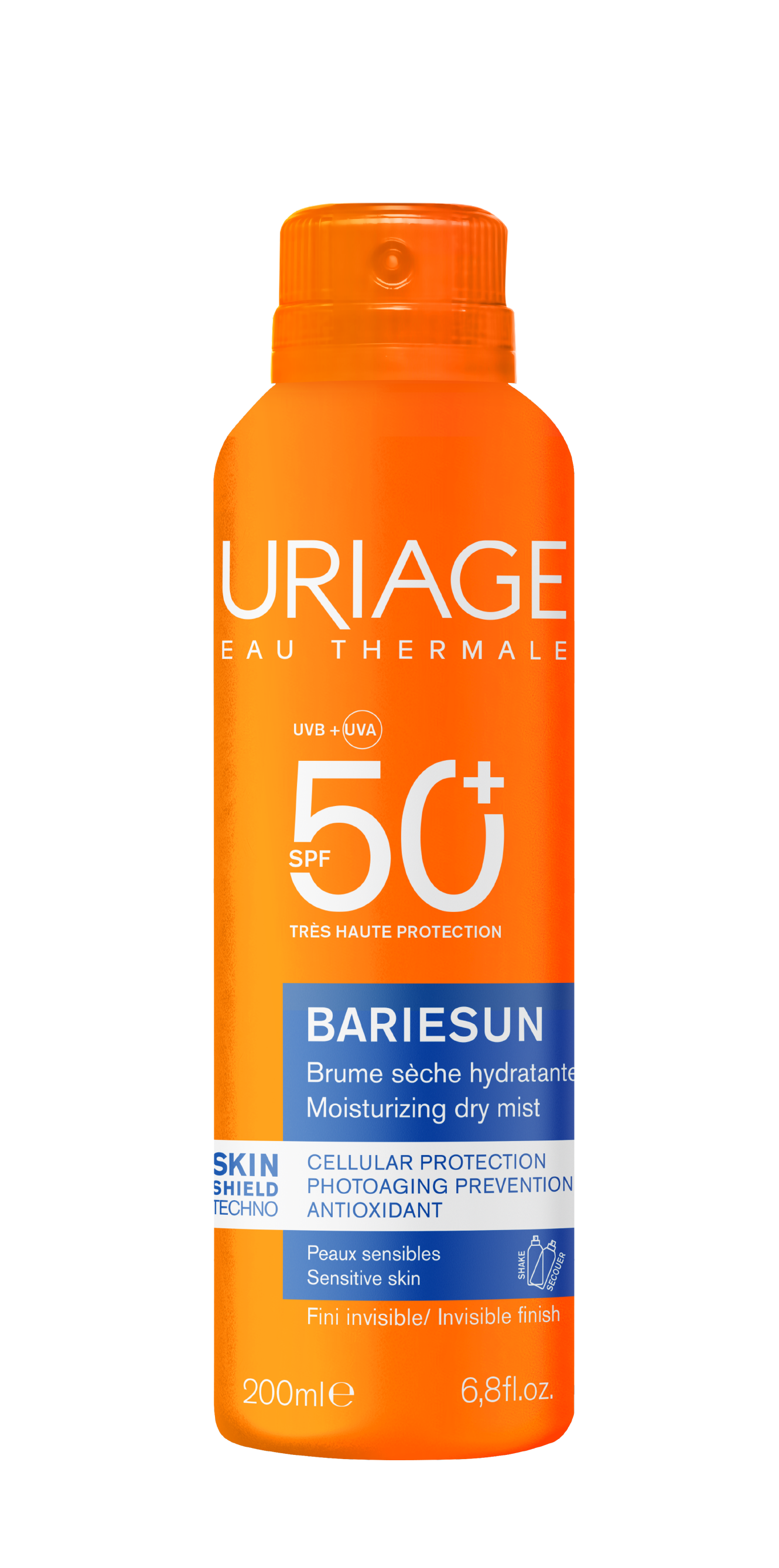 Uriage Bariesun SPF50+ dry mist sunscreen bottle, 200ml, for sun protection with a lightweight, spray application