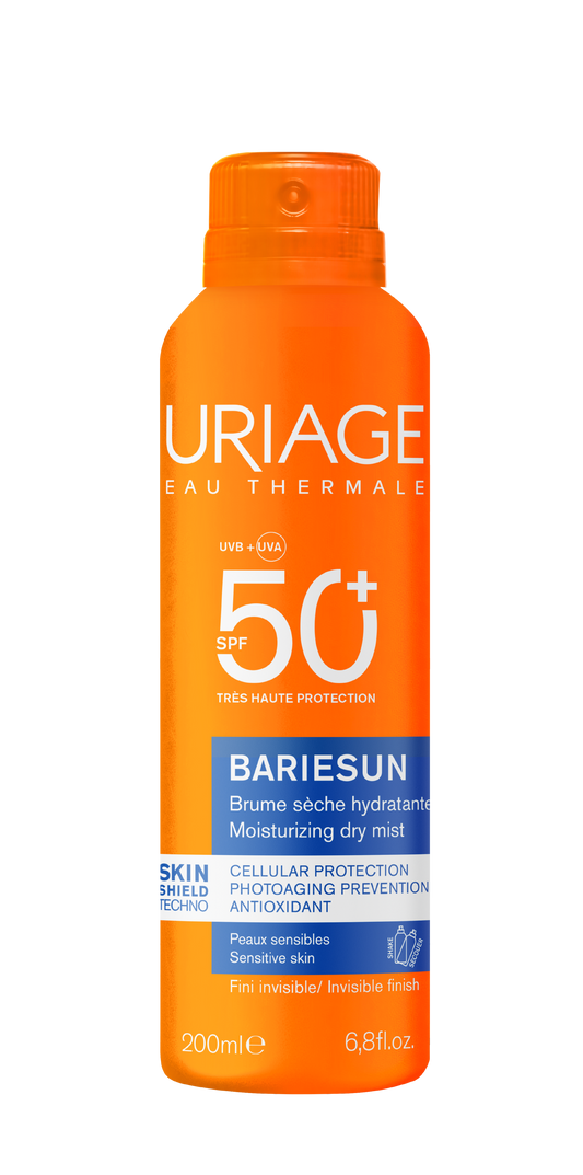 Uriage Bariesun SPF50+ dry mist sunscreen bottle, 200ml, for sun protection with a lightweight, spray application