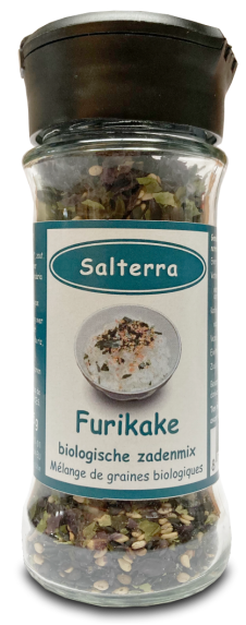Salterra Furikake bio seasoning mix in a 30g package, featuring dried herbs, sea salt, and crunchy rice toppings for flavorful dishes.