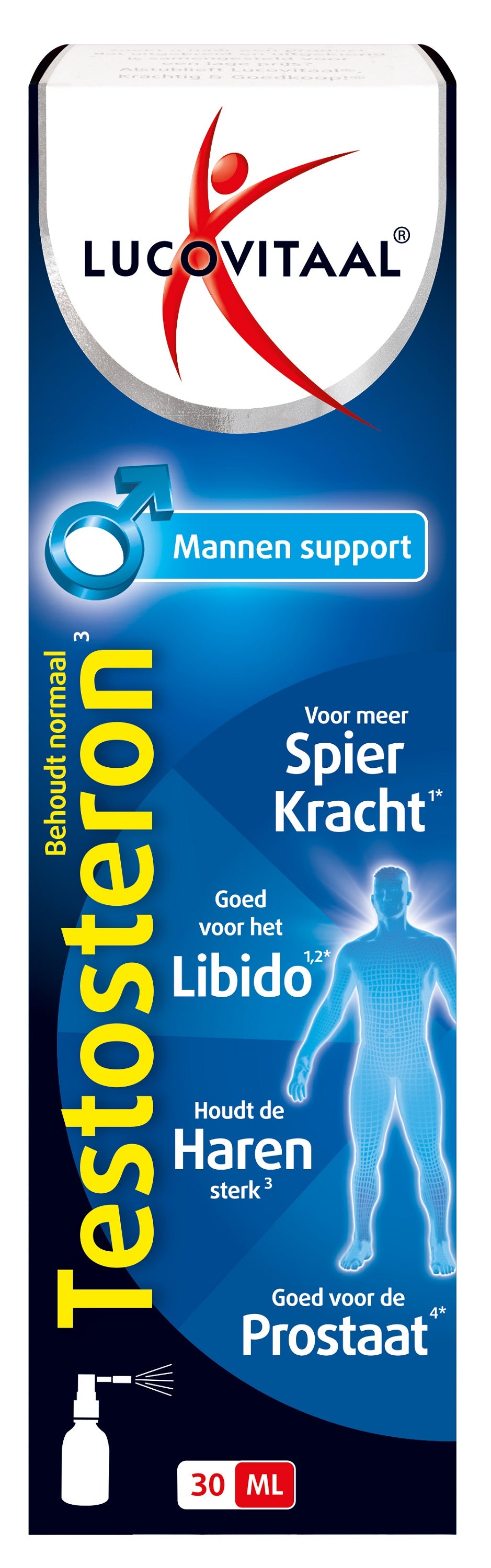 Lucovitaal Testosteron man support spray 30ml herbal supplement bottle with spray nozzle, designed for men's health support
