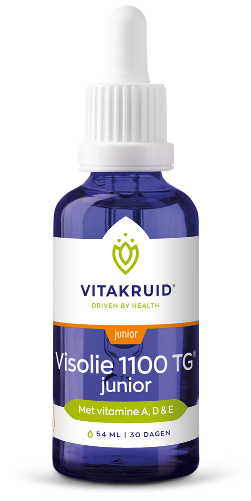 Bottle of Vitakruid Visolie 1100 TG Junior fish oil supplement in a 54ml container, featuring a colorful label with product details.