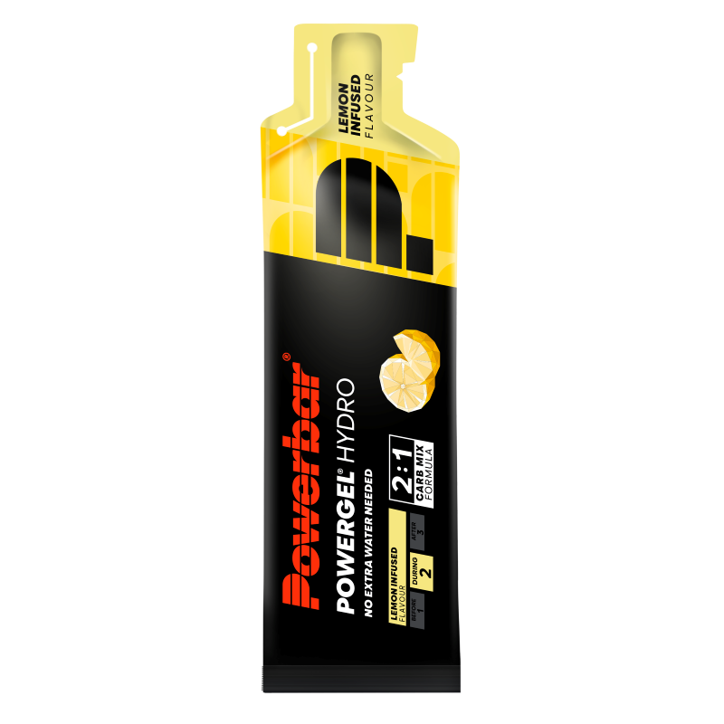 Powerbar Powergel Hydro Lemon infused sports nutrition gel in a 67ml packet with lemon flavor, designed for athletes.