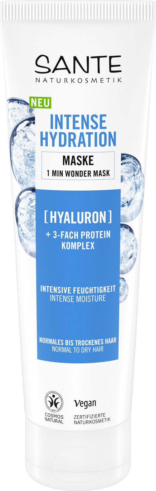 Sante Intense Hydration Mask with hyaluronic acid in a 150ml jar, facial skincare product for deep moisturizing and skin hydration.