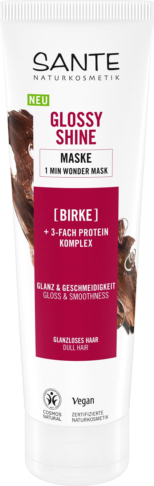 Sante Glossy Shine Mask Birch hair treatment in a 150ml jar, nourishing hair care product with a glossy finish.