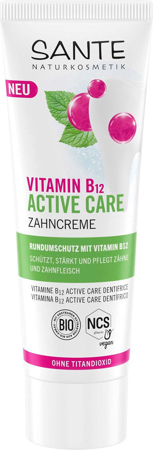 Sante Vitamin B12 Active Care toothpaste in a 75ml tube, featuring a bright packaging design for oral health and freshness