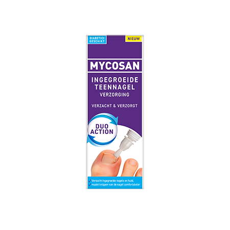 Mycosan Ingegroeide teennagel verzorging in 10ml bottle, foot care product for ingrown toenails by Mycosan, displayed in the image.