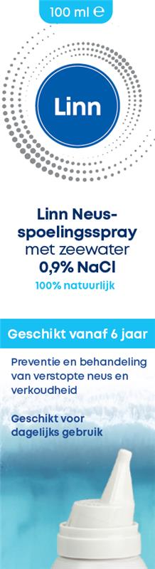 Linn Neusspoelingsspray zeewater in 100ml bottle, nasal care and inhalation product, suitable for nasal hygiene and congestion relief.