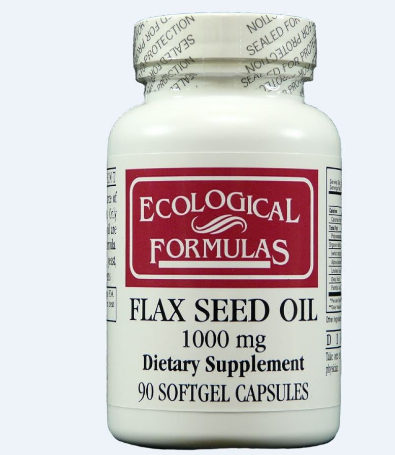 Ecological Formulas Flex Seed Oil softgels, 1000mg, Vetzuren supplement in a bottle with 90 softgels, close-up view of the product.