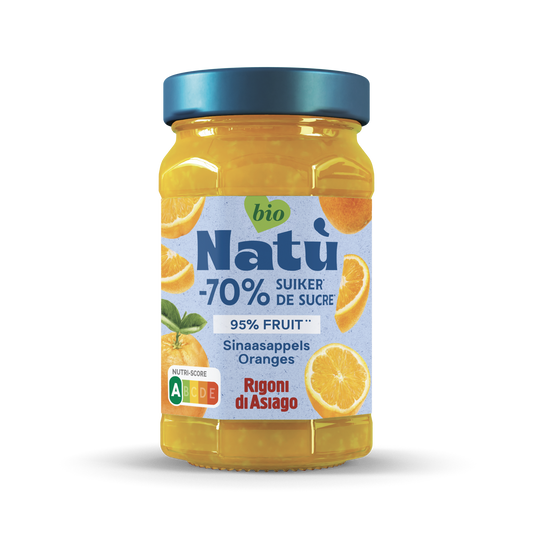 Natu Sinaasappel jam, organic orange spread with 70% less sugar, in a 240g jar, ideal for bread or toast.