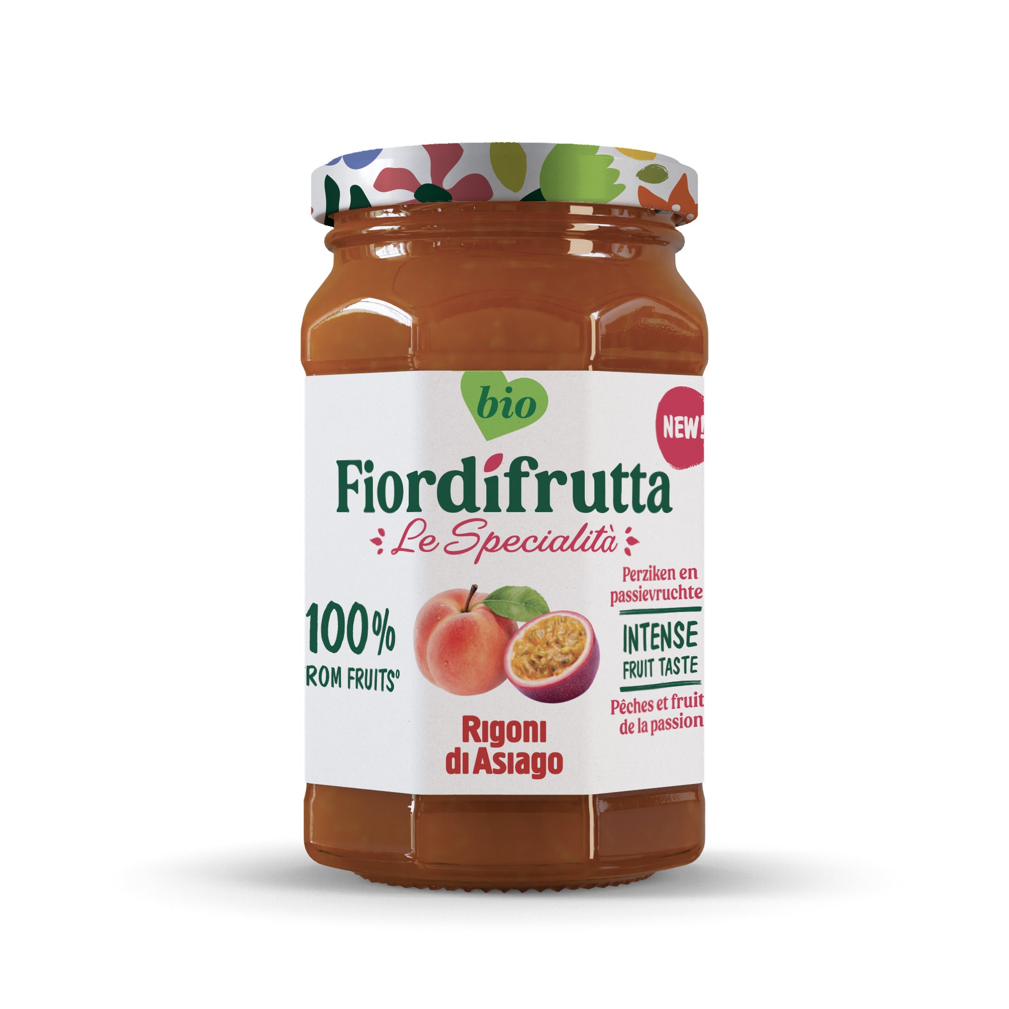 Fiordifrutta Perzik passievrucht bio broodbeleg spread in 250g jar, featuring peach and passion fruit flavors visible on the label.