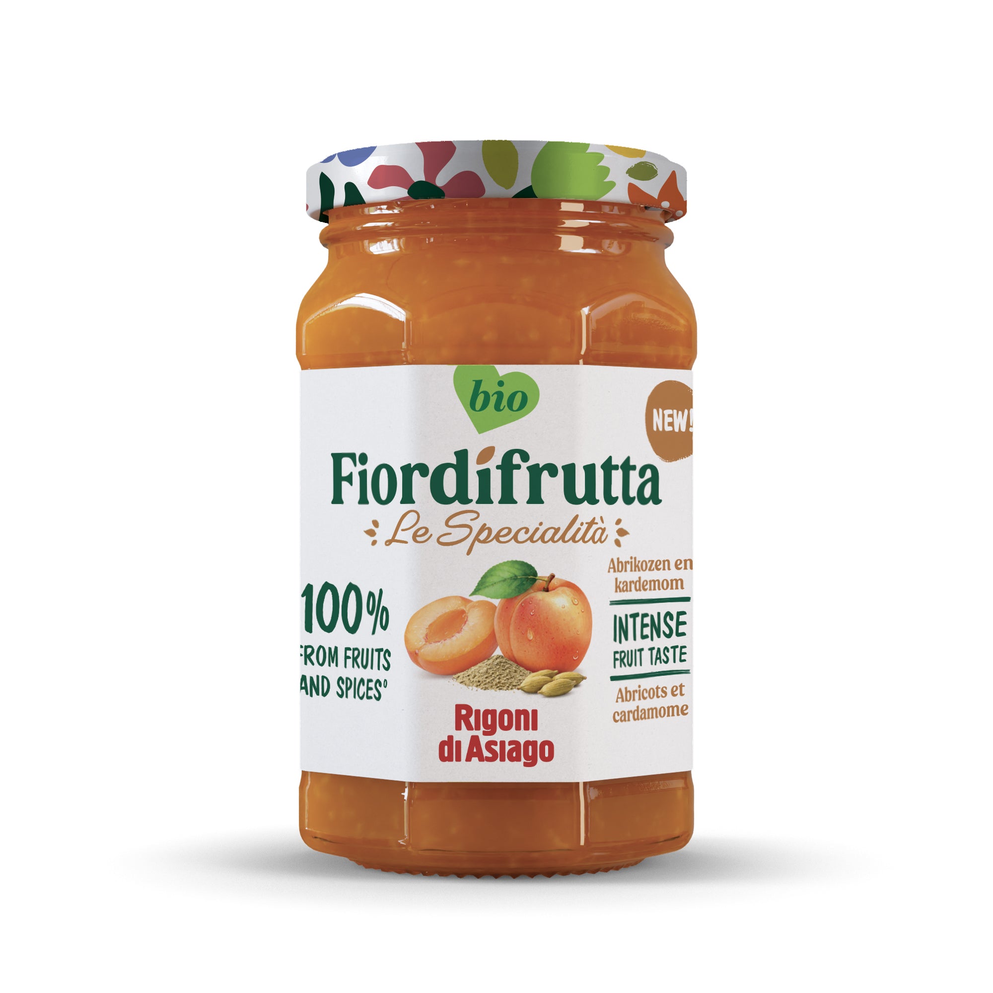 Fiordifrutta Abrikoos en kardemom biologische broodbeleg op toast, 250g, met verse abrikoos en kruiden.