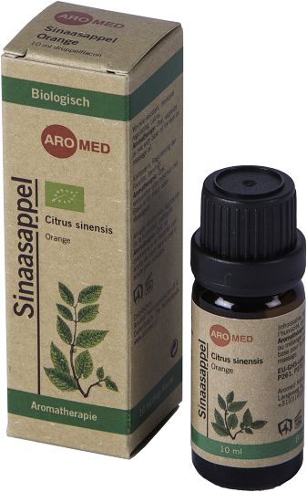 Aromed bio orange essential oil in a 10ml bottle, natural aromatic oil with vibrant orange color and dropper cap.