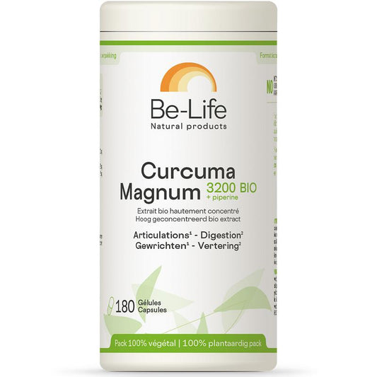 Be-Life Curcuma magnum 3200 & piperine bio softgels, herbal supplement with yellow turmeric capsules and black pepper extract.