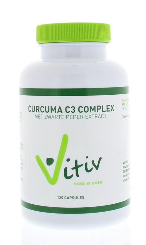 Vitiv Curcuma with black pepper capsules, herbal supplement pack containing 120 capsules, close-up of the product container.