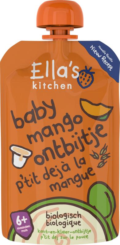 Ella's Kitchen organic mango baby breakfast for 6+ months, showing a 100g jar of baby and toddler food with a colorful label.