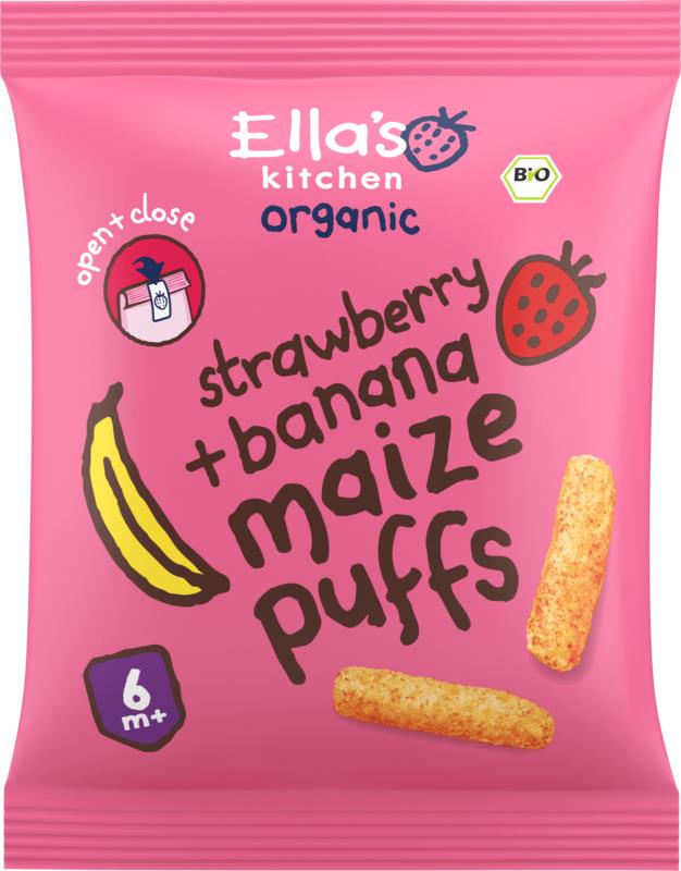 Ella's Kitchen maize puffs with strawberry and banana for babies 6+ months, organic baby food in a 20g pack.