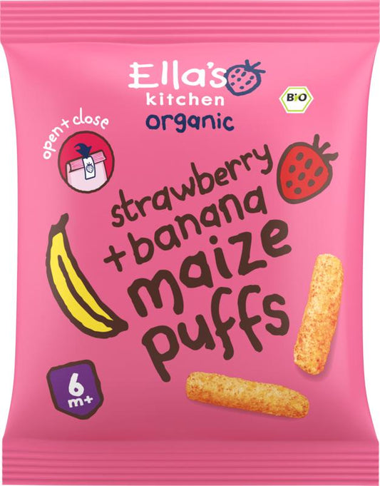 Ella's Kitchen maize puffs with strawberry and banana for babies 6+ months, organic baby food in a 20g pack.