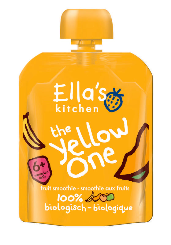 Ella's Kitchen The Yellow One organic baby food for 6+ months, 90g jar with bright yellow label and fresh ingredients visible