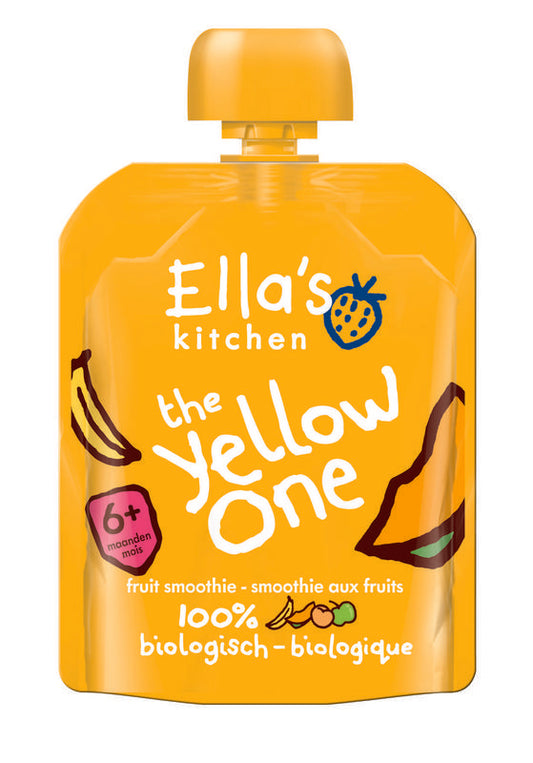Ella's Kitchen The Yellow One organic baby food for 6+ months, 90g jar with bright yellow label and fresh ingredients visible