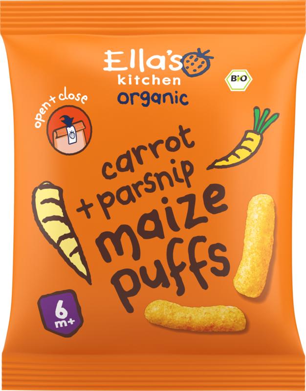 Ella's Kitchen maize puffs with carrot and parsnip for babies 6+ months, organic baby and toddler food, 20 grams.