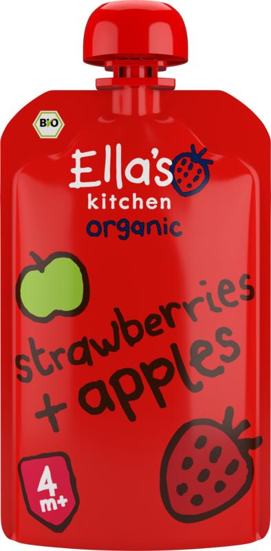 Ella's Kitchen organic strawberries and apples baby food for 4+ months in a 120g jar, suitable for young children.