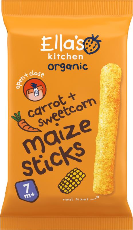 Ella's Kitchen maize sticks with carrot and sweetcorn for babies 7+ months, organic baby and toddler food, 16g packet.