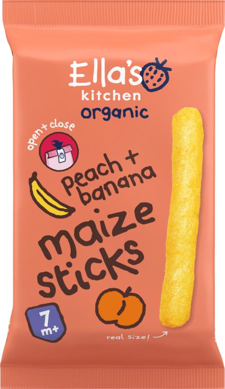 Ella's Kitchen peach banana maize sticks for babies 7+ months, organic baby food in a 16g package, suitable for toddlers.