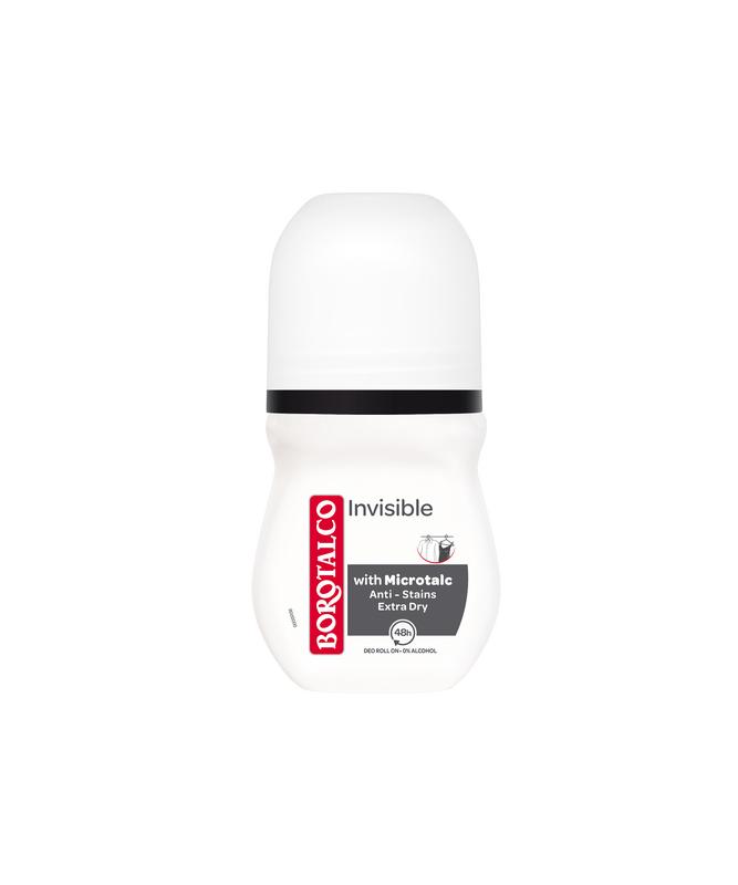 Borotalco invisible deodorant roller, 50ml, with smooth applicator and clear formula for odor protection.
