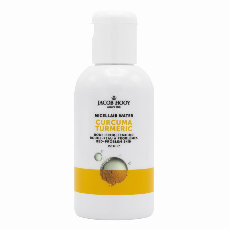Jacob Hooy Curcuma micellar water in a 150ml bottle, facial skincare product with clear liquid and label showing the brand and product name.