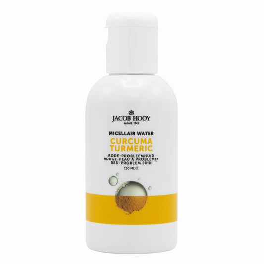 Jacob Hooy Curcuma micellar water in a 150ml bottle, facial skincare product with clear liquid and label showing the brand and product name.