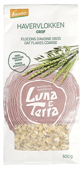 Luna E Terra grof havervlokken bio ontbijtgranen in 500g package, showing textured oat flakes in a clear bowl.