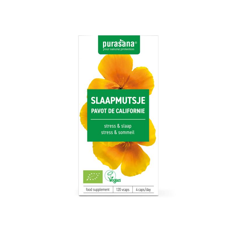 Purasana Slaapmutsje vegan bio capsules in a bottle, herbal supplement for restful sleep, vegetarian dietary supplement.