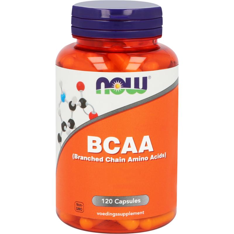 NOW BCAA branched chain amino acids vegetarian capsules, dietary supplement in clear bottle with white cap.