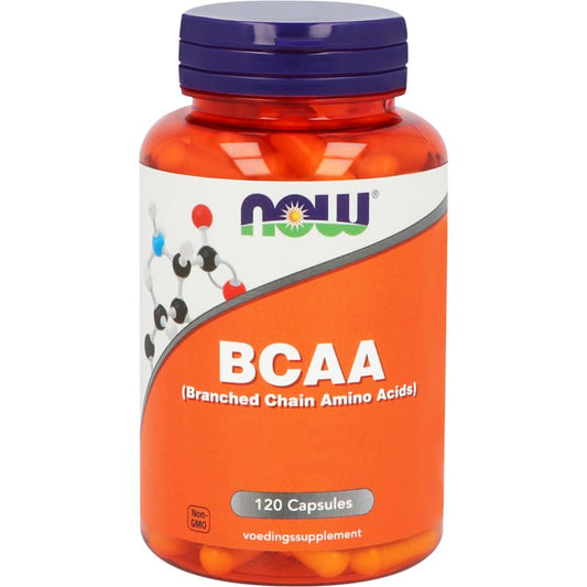 NOW BCAA branched chain amino acids vegetarian capsules, dietary supplement in clear bottle with white cap.